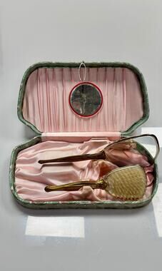 Vintage Vanity Brush & Mirror Set in Satin Travel Case Art Deco Style